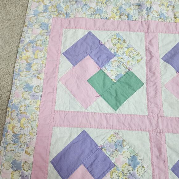Vintage Patchwork Quilt Baby Blanket Pink Purple Green Pastel Kid Print 37x37 - Picture 5 of 8